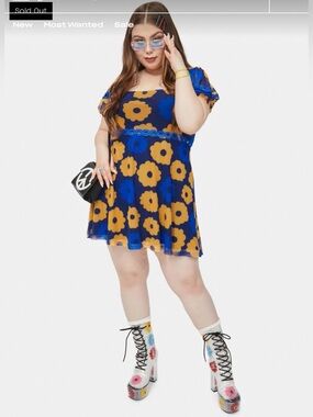 Delia’s by Dolls Kill ~Mesh Mini Dress ~ Waist &Puff Sleeve w/ Crocheted Flowers